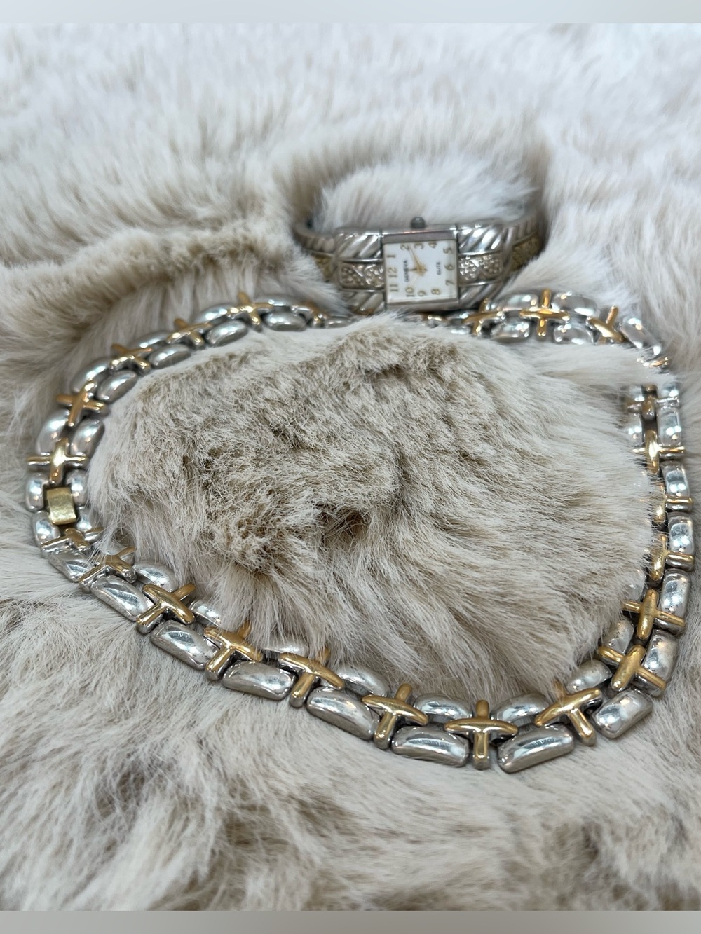 Geneva Two-Tone Silver and Gold Women's Bracelet Watch & Silver Link Necklace